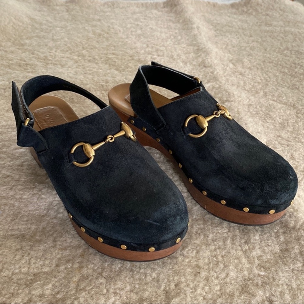 Gucci Black Suede Horsebit Clog Mules with Gold Studs - Picture 3 of 5